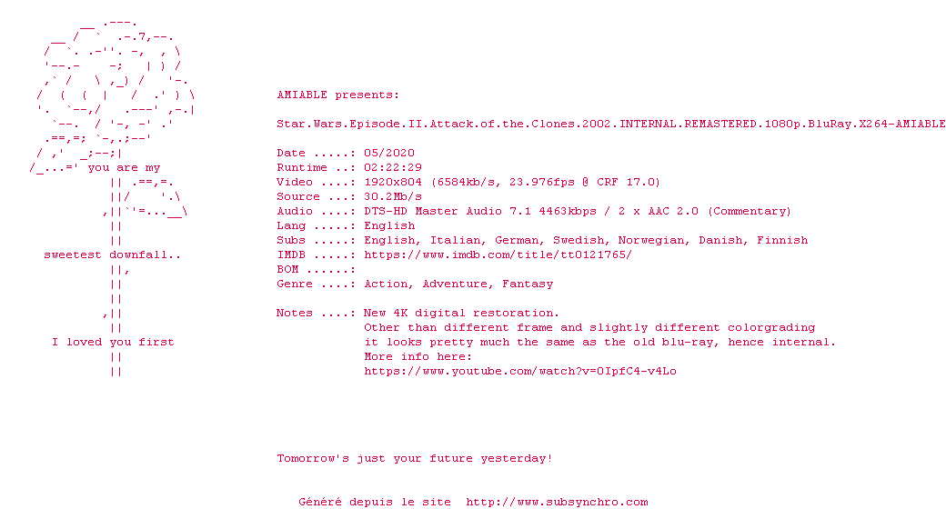 Nfo de la release Star.Wars.Episode.II.Attack.Of.The.Clones.2002.iNTERNAL.REMASTERED.1080p.BluRay.x264-AMIABLE