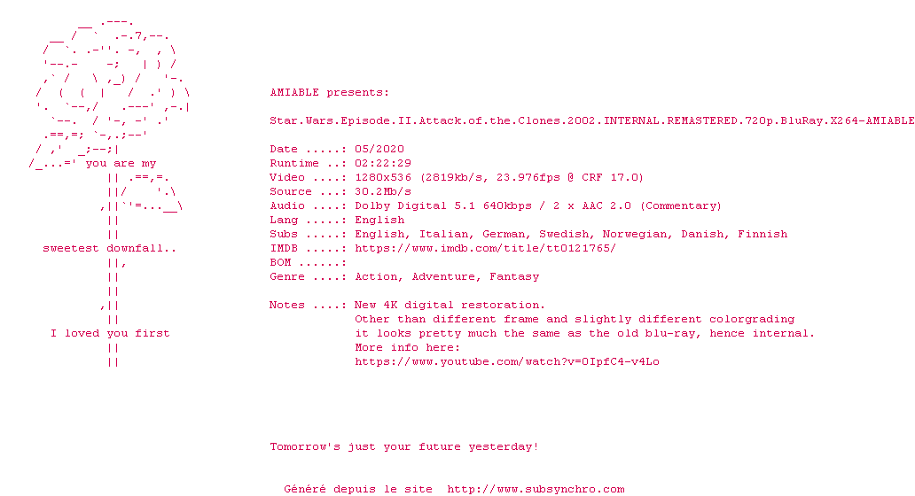 Nfo de la release Star.Wars.Episode.II.Attack.Of.The.Clones.2002.iNTERNAL.REMASTERED.720p.BluRay.x264-AMIABLE