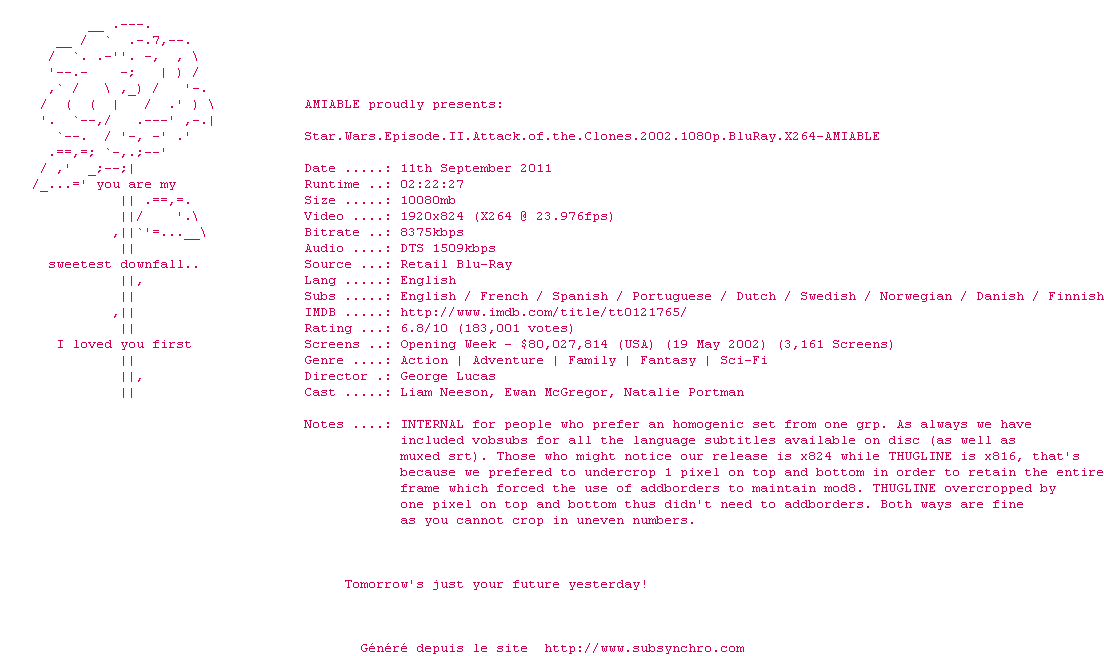 Nfo de la release Star.Wars.Episode.II.Attack.of.the.Clones.2002.INTERNAL.1080p.BluRay.X264-AMIABLE