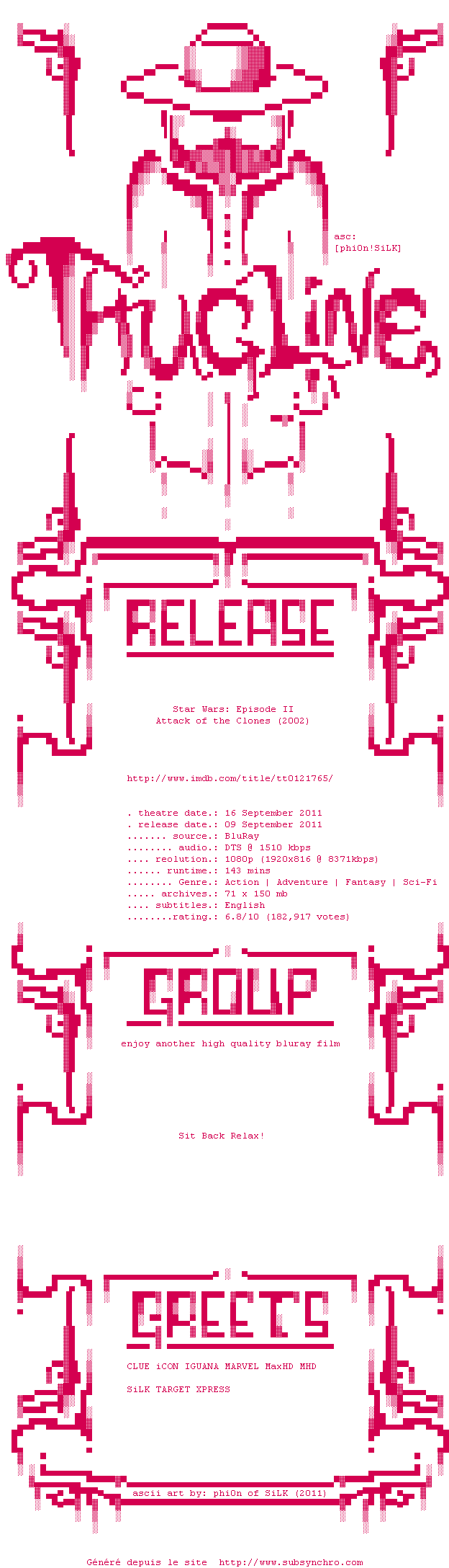 Nfo de la release Star.Wars.Episode.II.Attack.of.the.Clones.2002.1080p.BluRay.X264-THUGLiNE