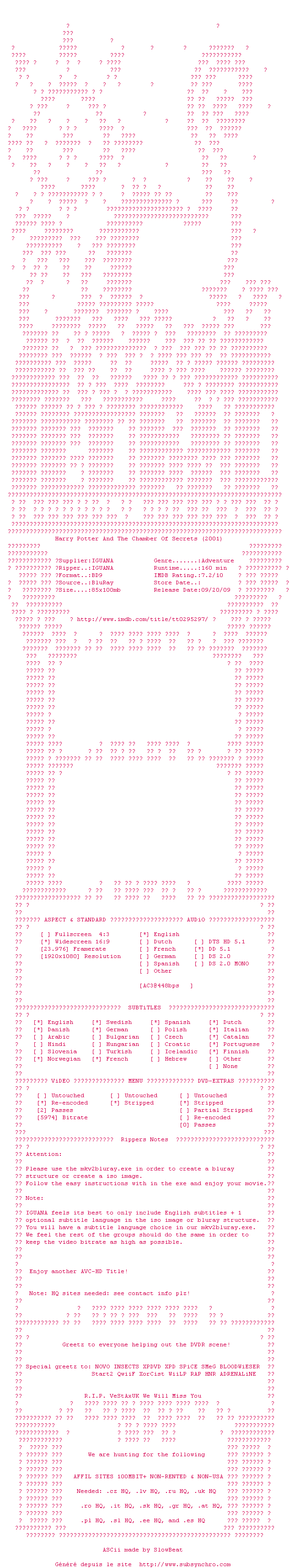 Nfo de la release Harry.Potter.And.The.Chamber.Of.Secrets.2002.1080p.BD9.x264-IGUANA