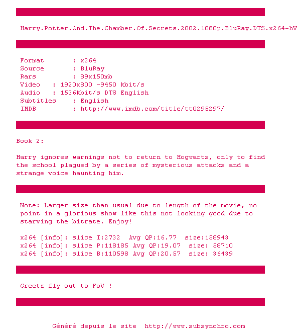 Nfo de la release Harry.Potter.And.The.Chamber.Of.Secrets.2002.1080p.BluRay.DTS.x264-hV