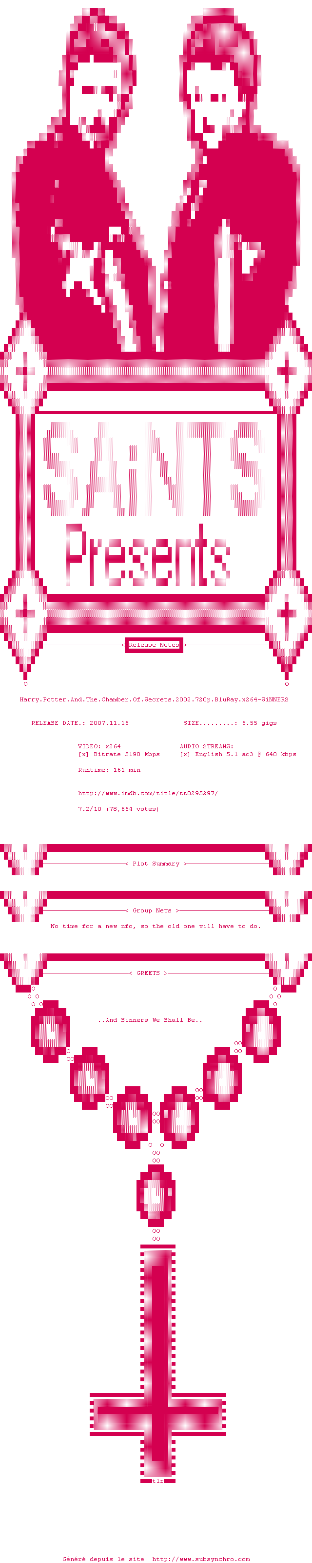 Nfo de la release Harry.Potter.And.The.Chamber.Of.Secrets.2002.720p.BluRay.x264-SiNNERS