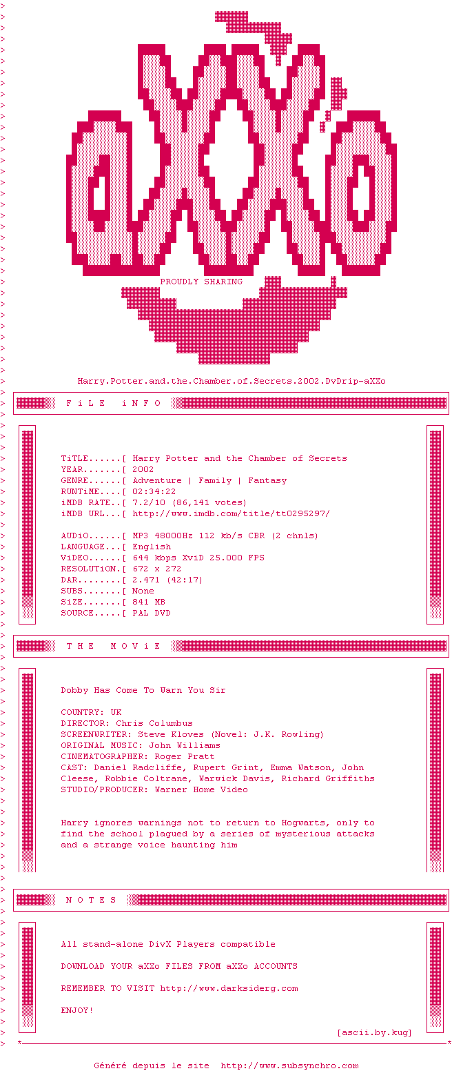 Nfo de la release Harry.Potter.and.the.Chamber.of.Secrets.2002.DvDrip-aXXo