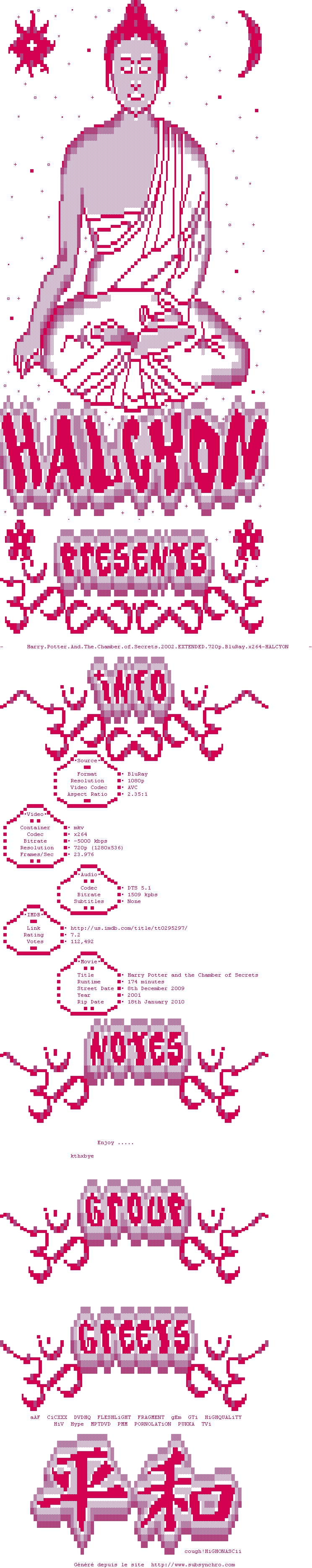 Nfo de la release Harry.Potter.And.The.Chamber.of.Secrets.2002.EXTENDED.720p.BluRay.x264-HALCYON