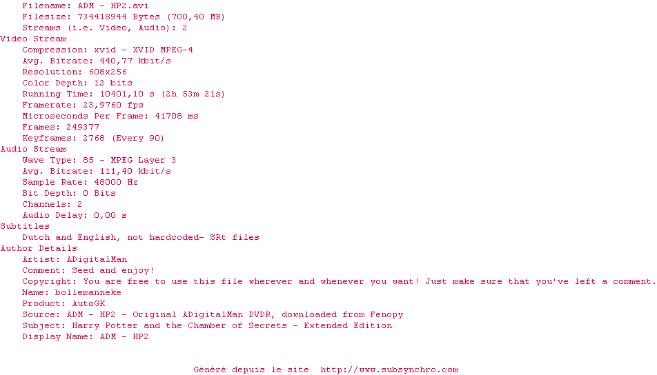 Nfo de la release Harry.Potter.and.the.Chamber.of.Secrets.2002.Extended.DvDrip-BOLL