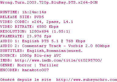 Nfo de la release Wrong.Turn.2003.720p.BluRay.DTS.x264-DON