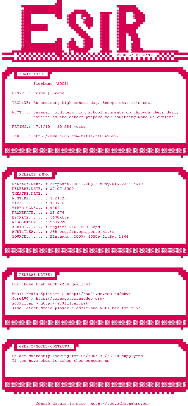 Nfo de la release Elephant.2003.720p.BluRay.DTS.x264-ESiR