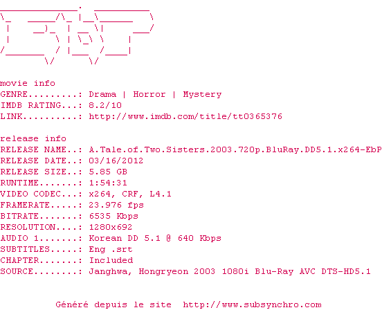 Nfo de la release A.Tale.Of.Two.Sisters.2003.720p.BluRay.DD5.1.x264-EbP