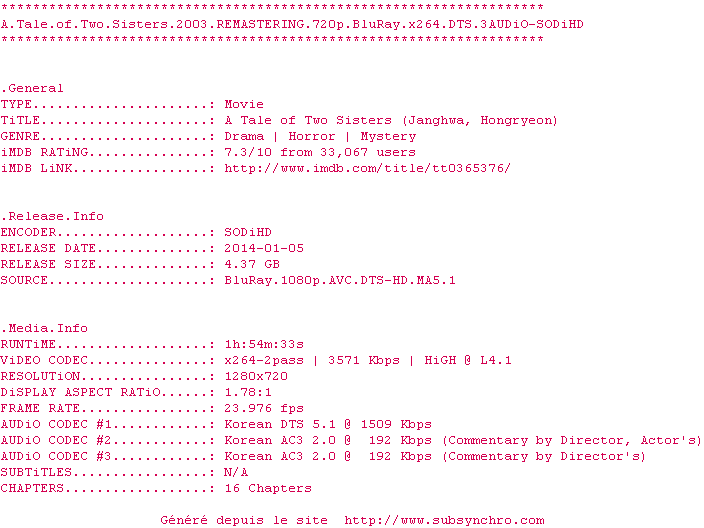 Nfo de la release A.Tale.Of.Two.Sisters.2003.REMASTERING.720p.BluRay.x264.DTS.3AUDiO-SODiHD