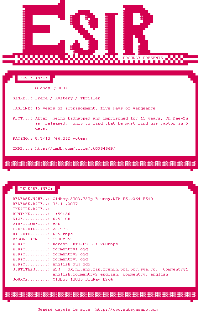 Nfo de la release Oldboy.2003.720p.BluRay.DTS-ES.x264-ESiR