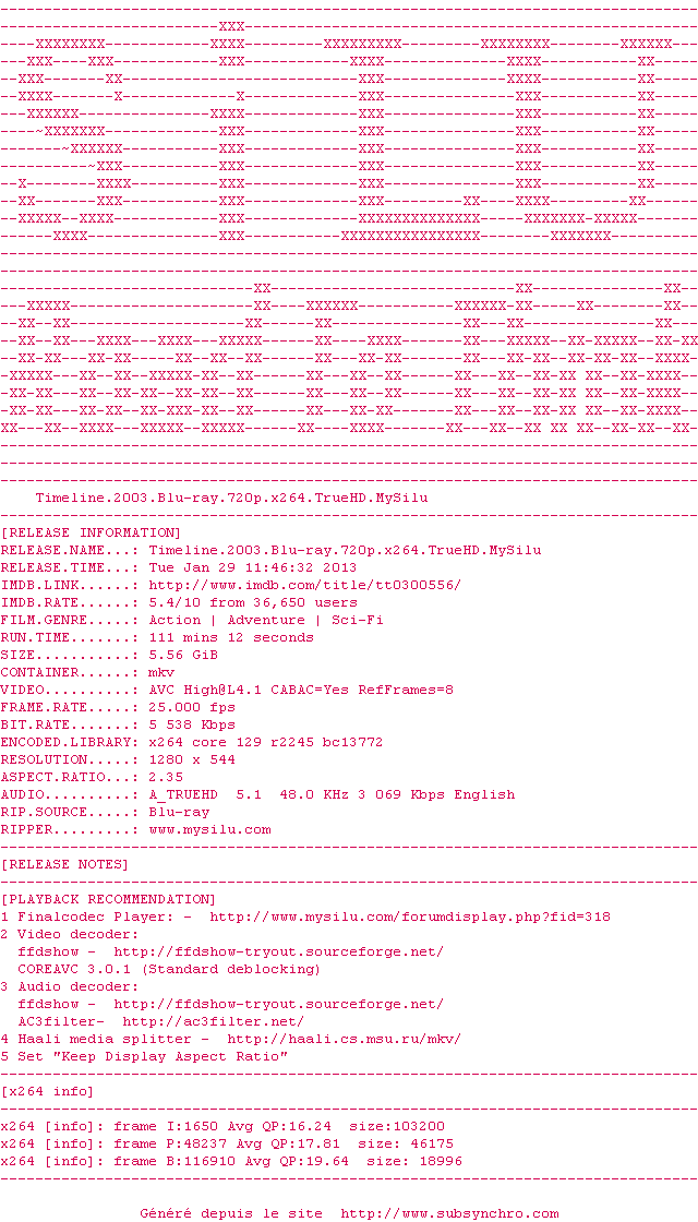 Nfo de la release Timeline.2003.BluRay.720p.x264.TrueHD-MySiLU