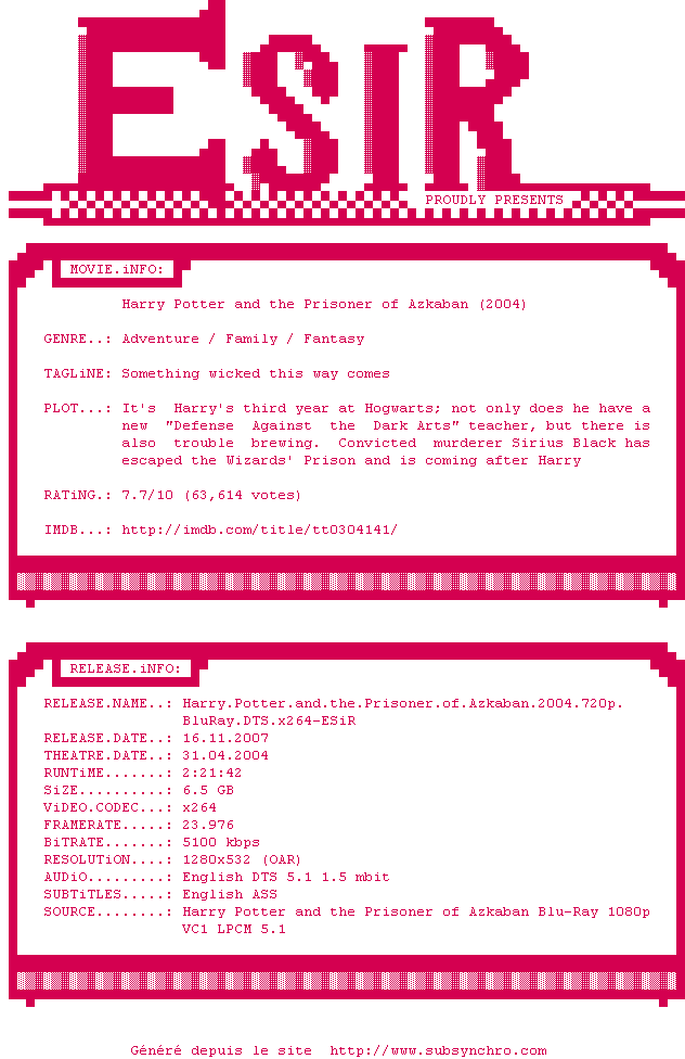 Nfo de la release Harry.Potter.and.the.Prisoner.of.Azkaban.2004.720p.BluRay.DTS.x264-ESiR