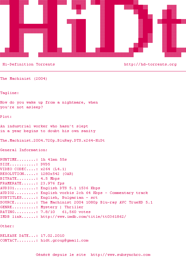 Nfo de la release The.Machinist.2004.720p.BluRay.DTS.x264-HiDt