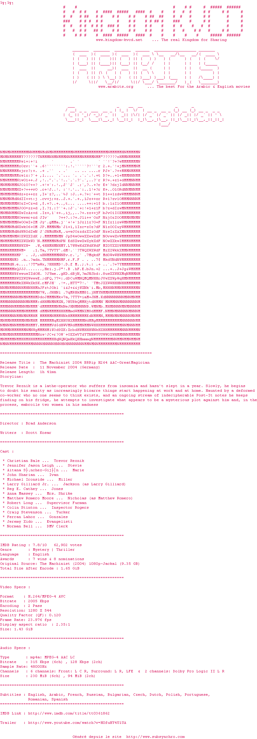 Nfo de la release The.Machinist.2004.BRRip.H264.AAC-GreatMagician
