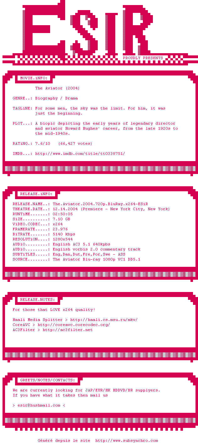 Nfo de la release The.Aviator.2004.720p.BluRay.x264-ESiR