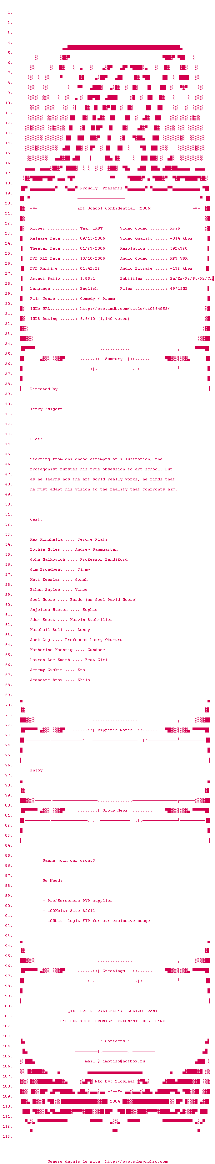 Nfo de la release Art.School.Confidential.2006.DVDRip.XviD-iMBT