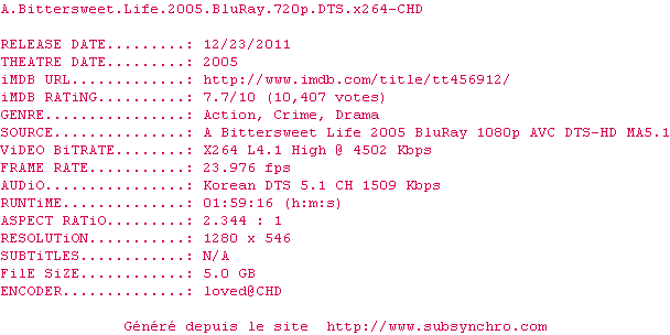Nfo de la release A.Bittersweet.Life.2005.BluRay.720p.DTS.x264-CHD