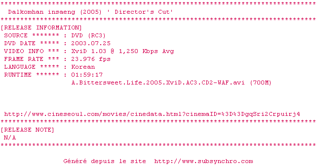 Nfo de la release A.Bittersweet.Life.2005.XviD.AC3-WAF