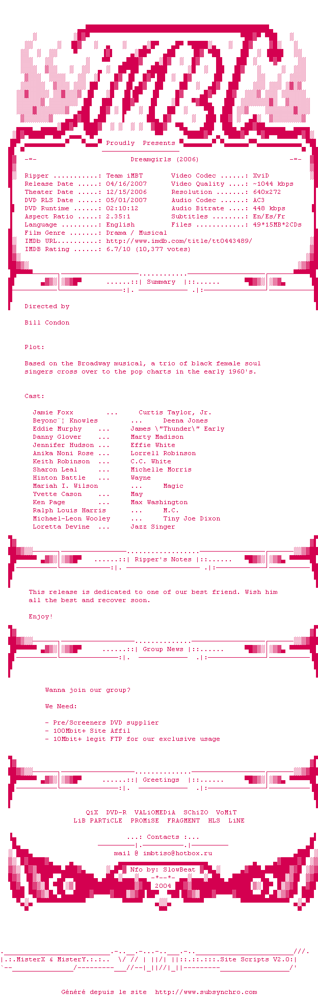 Nfo de la release Dreamgirls.DVDRip.XviD-iMBT