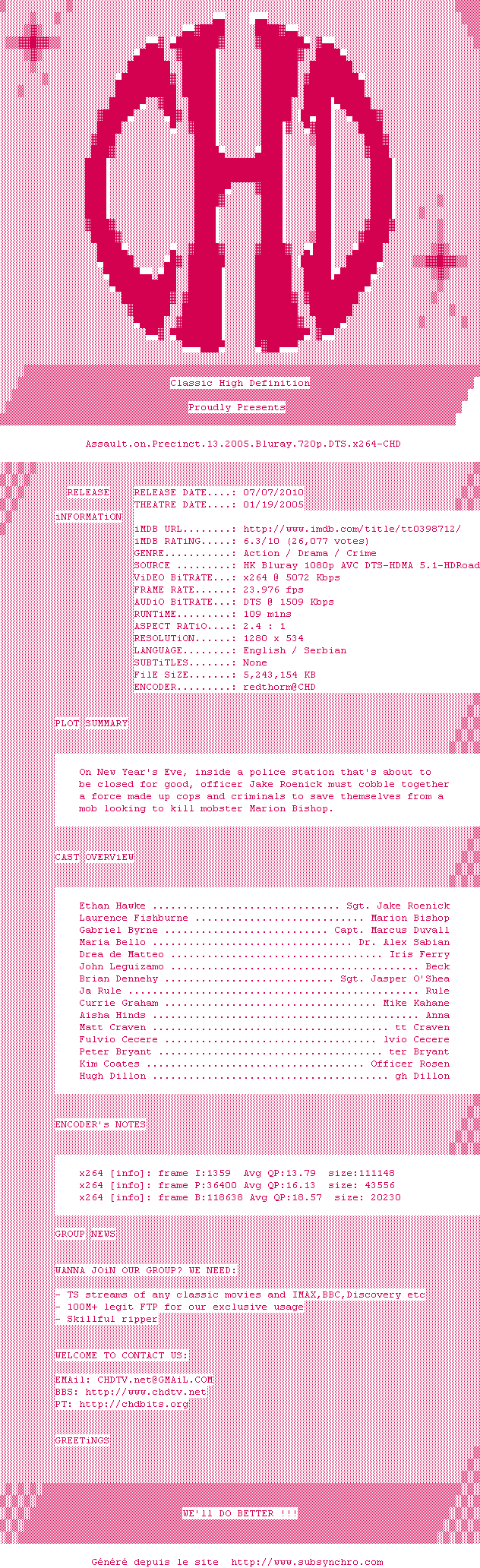 Nfo de la release Assault.on.Precinct.13.2005.Bluray.720p.DTS.x264-CHD