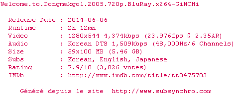 Nfo de la release Welcome.To.Dongmakgol.2005.720p.BluRay.x264-GiMCHi