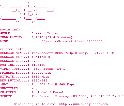 Nfo de la release The.Descent.2005.720p.BluRay.DD5.1.x264-EbP
