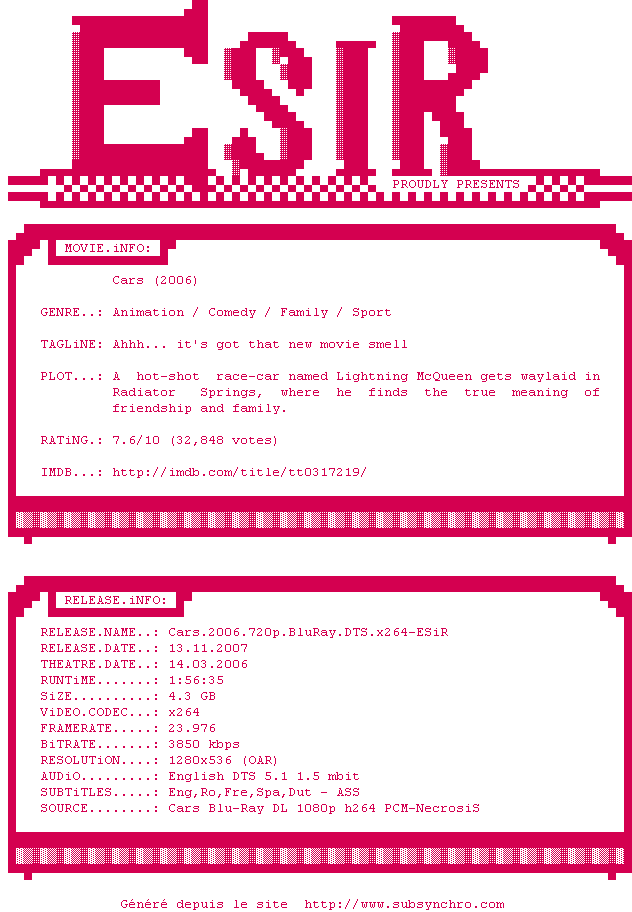 Nfo de la release Cars.2006.720p.BluRay.DTS.x264-ESiR