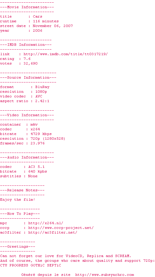Nfo de la release Cars.2006.720p.BluRay.x264-REVEiLLE