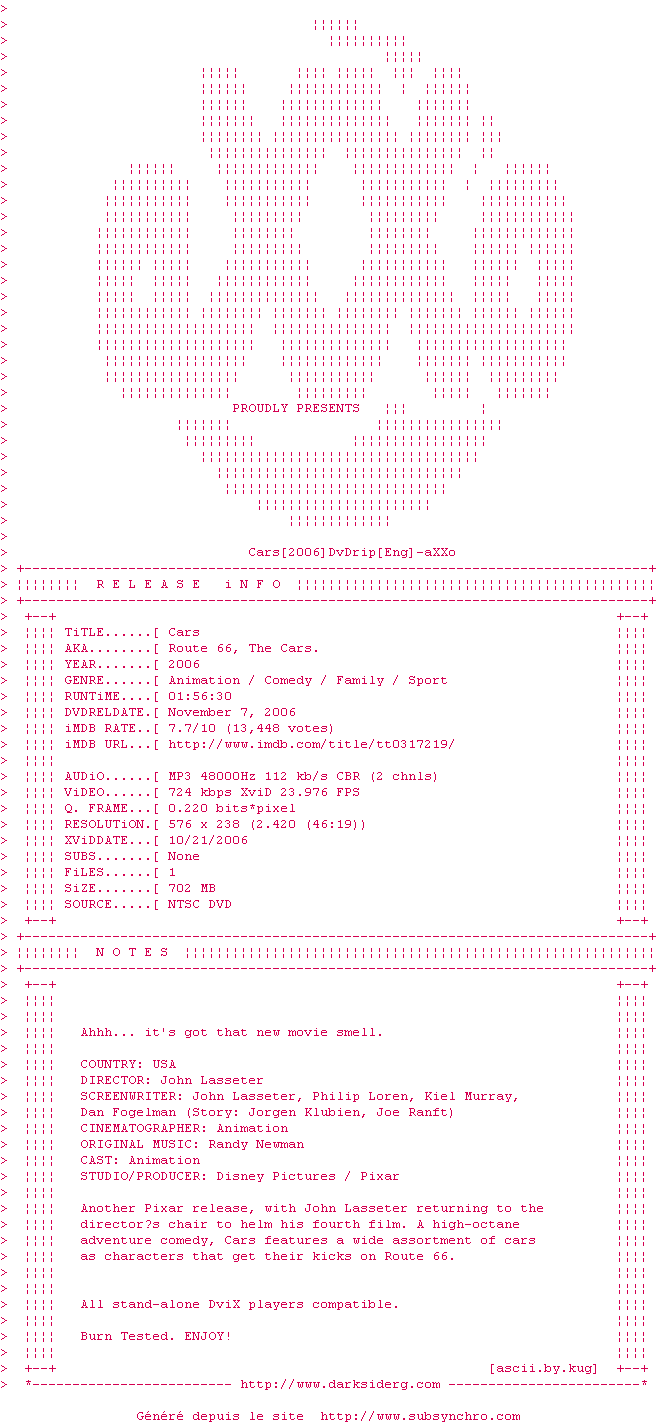 Nfo de la release Cars.2006.DvDrip-aXXo