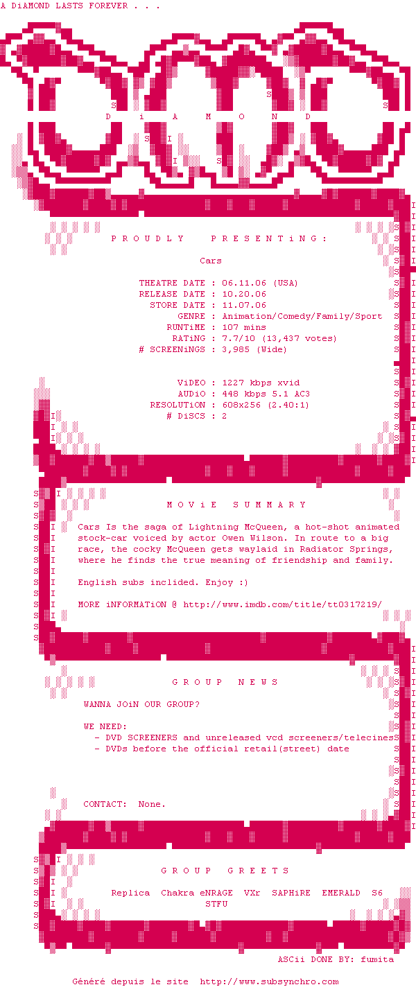 Nfo de la release Cars.DVDRip.XviD-DiAMOND
