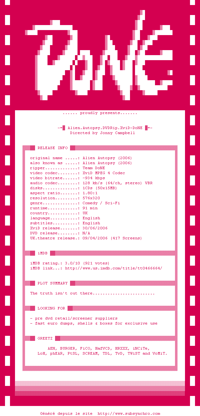 Nfo de la release Alien.Autopsy.DVDRip.XviD-DoNE