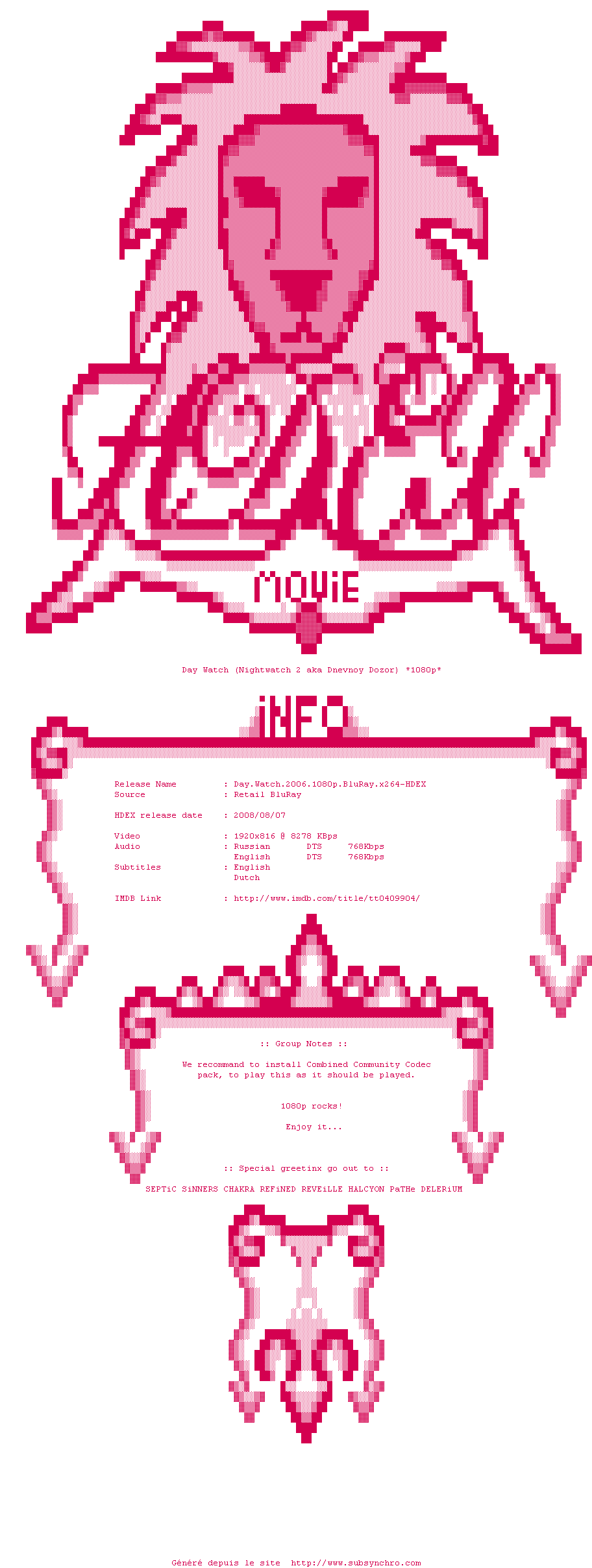 Nfo de la release Day.Watch.2006.1080p.BluRay.x264-HDEX