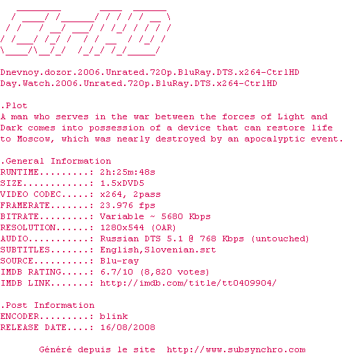 Nfo de la release Dnevnoy.dozor.2006.Unrated.720p.BluRay.DTS.x264-CtrlHD