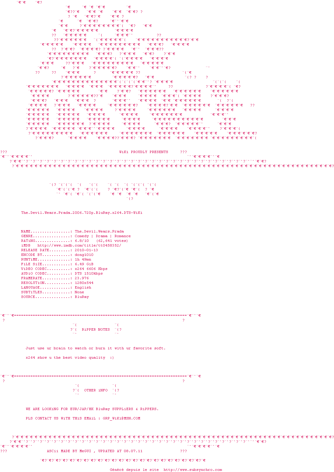 Nfo de la release The.Devil.Wears.Prada.2006.720p.BluRay.x264.DTS-WiKi