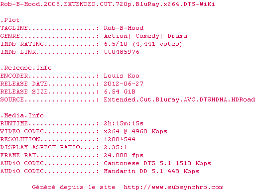 Nfo de la release Rob-B-Hood.2006.EXTENDED.CUT.720p.BluRay.x264.DTS-WiKi