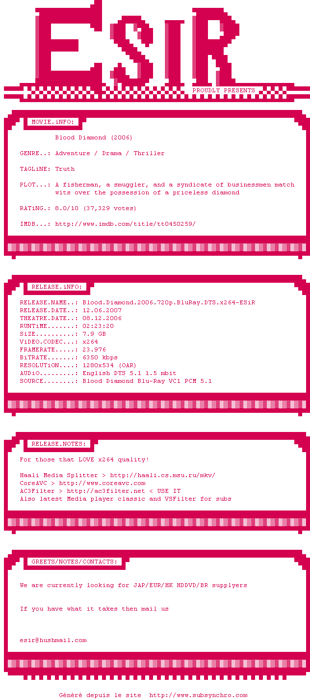 Nfo de la release Blood.Diamond.2006.720p.BluRay.DTS.x264-ESiR