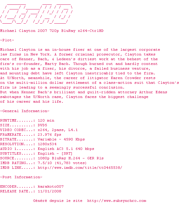Nfo de la release Michael.Clayton.2007.720p.BluRay.x264-CtrlHD