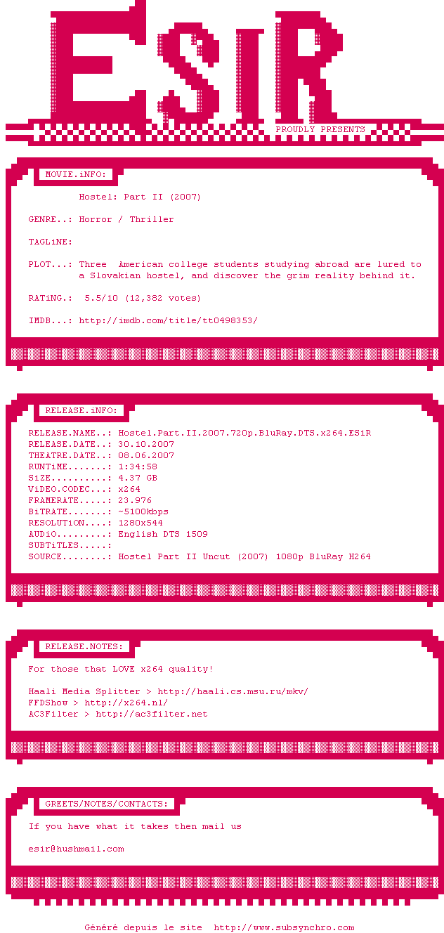 Nfo de la release Hostel.Part.II.2007.720p.BluRay.DTS.x264-ESiR