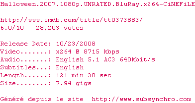 Nfo de la release Halloween.2007.1080p.UNRATED.BluRay.x264-CiNEFiLE