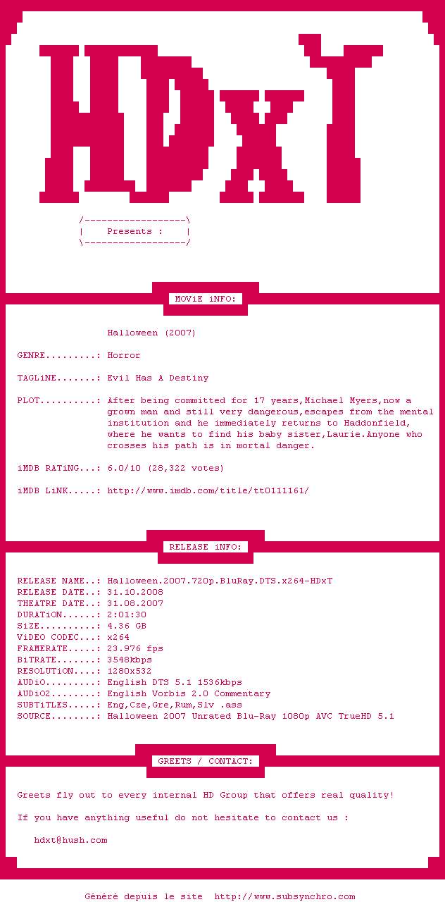 Nfo de la release Halloween.2007.720p.BluRay.DTS.x264-HDxT