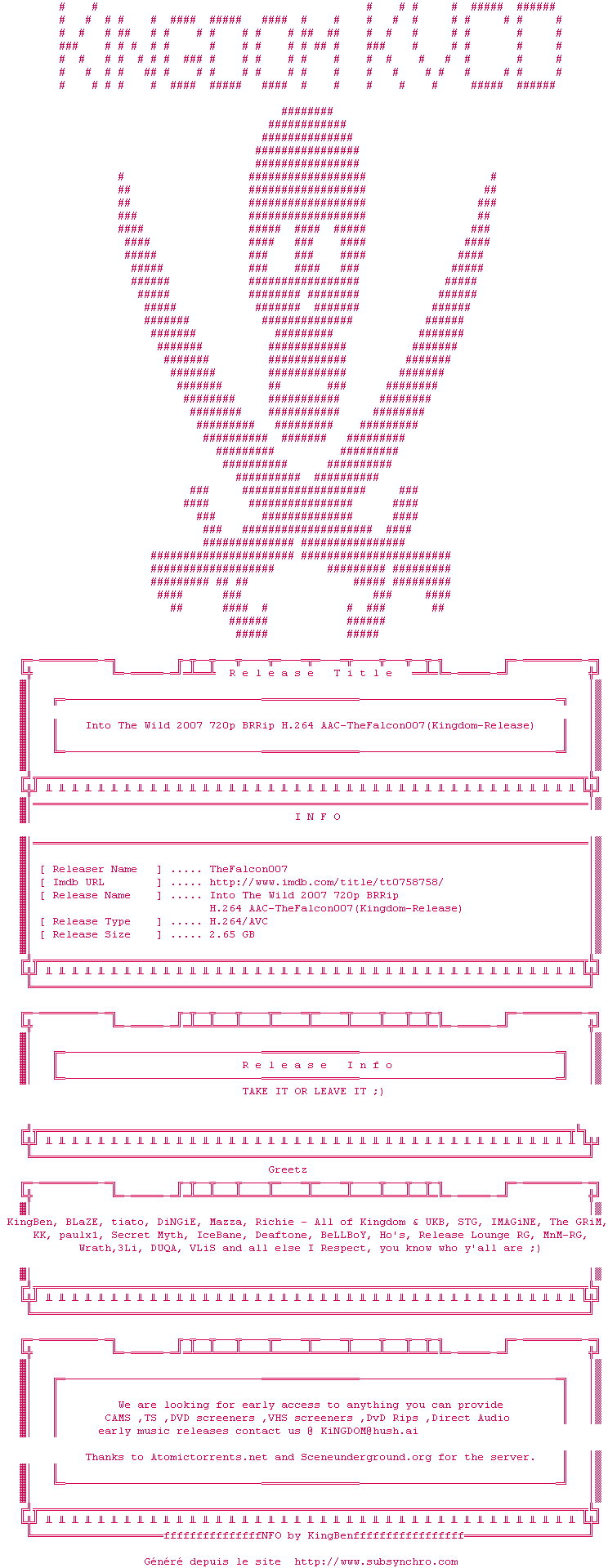 Nfo de la release Into.The.Wild.2007.720p.BRRip.H.264.AAC-TheFalcon007
