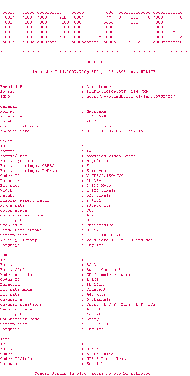 Nfo de la release Into.the.Wild.2007.720p.BRRip.x264.AC3.dxva-HDLiTE