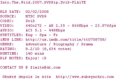 Nfo de la release Into.The.Wild.2007.DVDRip.XviD-FLAiTE