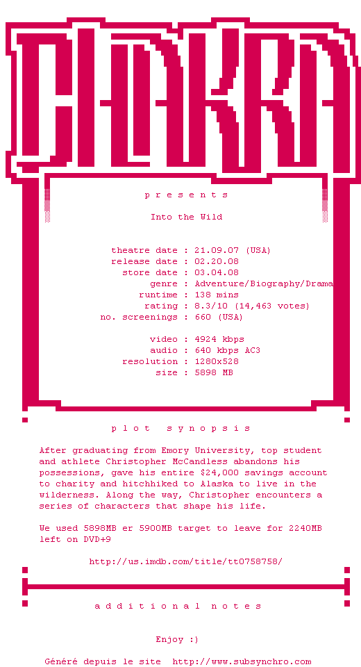 Nfo de la release Into.the.Wild.720p.HDDVD.x264-Chakra