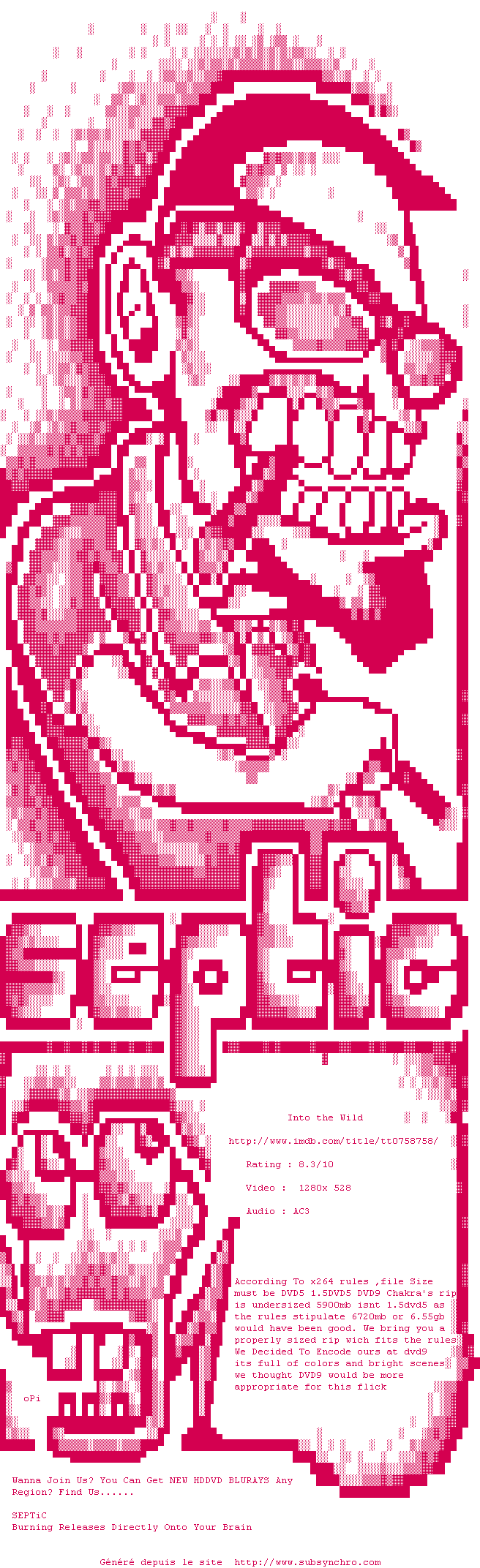 Nfo de la release Into.The.Wild.INTERNAL.READ.NFO.720p.HDDVD.x264-SEPTiC