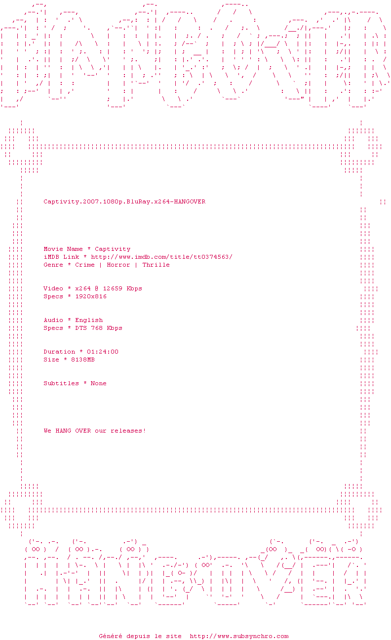 Nfo de la release Captivity.2007.1080p.BluRay.x264-HANGOVER