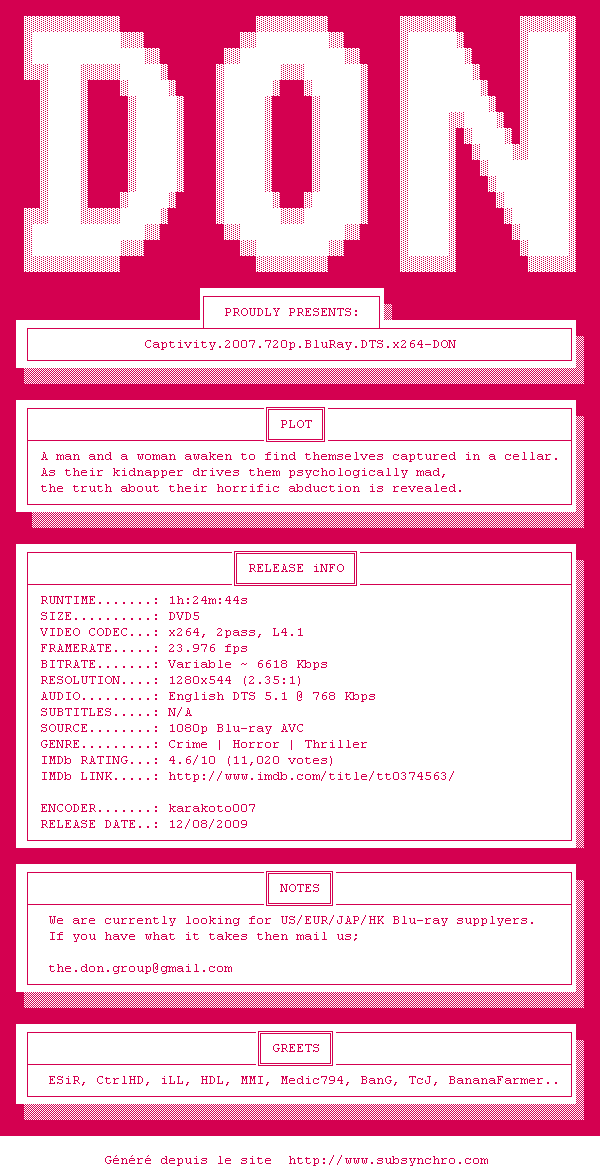 Nfo de la release Captivity.2007.720p.BluRay.DTS.x264-DON