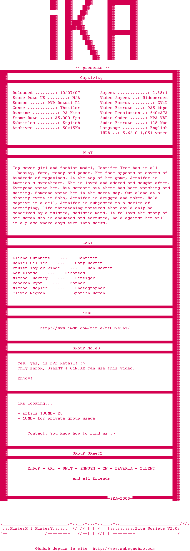 Nfo de la release Captivity.2007.DVDRiP.XViD-iKA