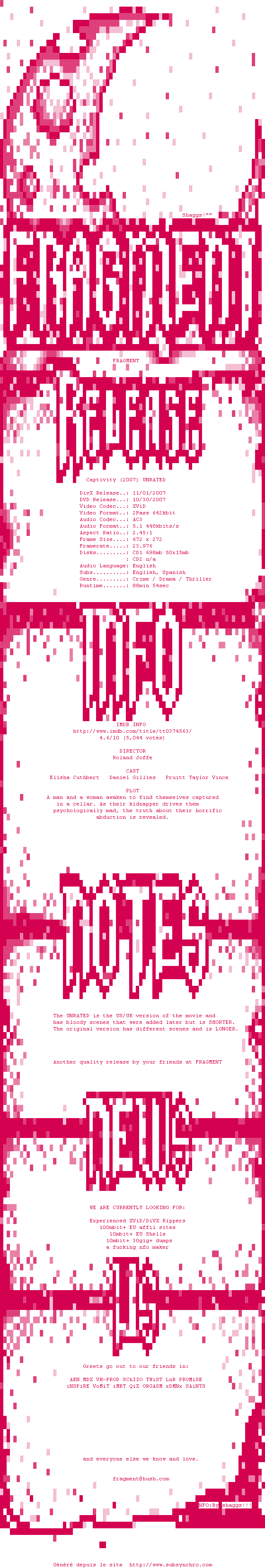 Nfo de la release Captivity.2007.UNRATED.DVDRip.XviD-FRAGMENT
